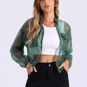Sheer Zip Up Long Sleeve See Through Bomber Jacket Green/S - Allegra K catalog