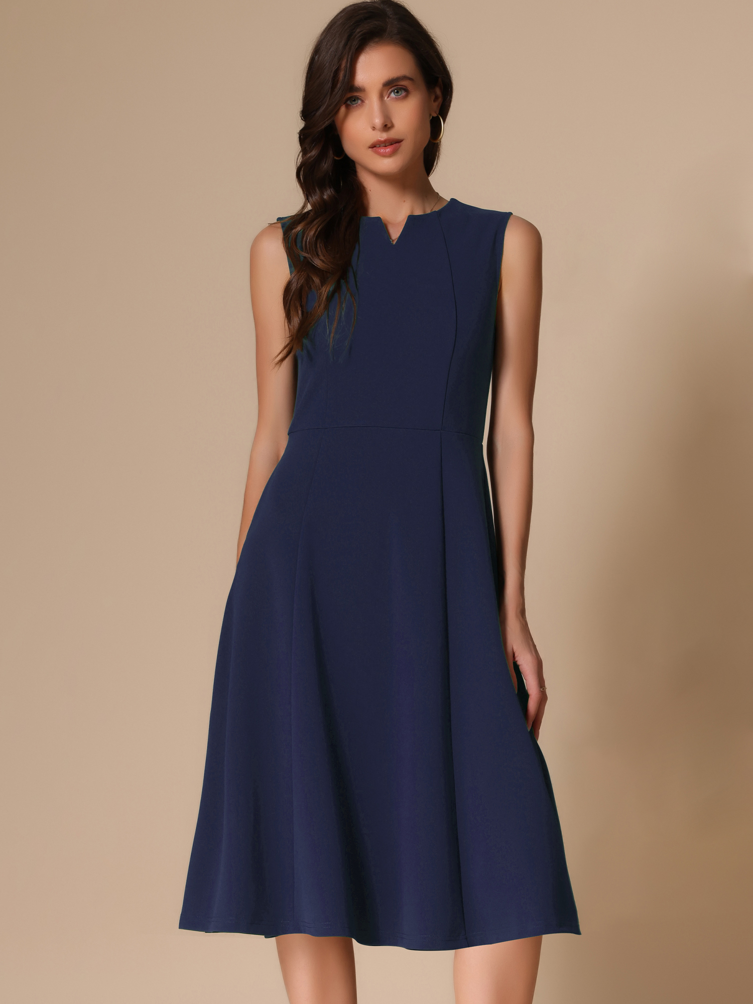 Notch Neck Pocketed Work Office A-Line Midi Dress Dark Blue/S - Allegra K catalog
