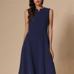 Notch Neck Pocketed Work Office A-Line Midi Dress Dark Blue/M - Allegra K catalog