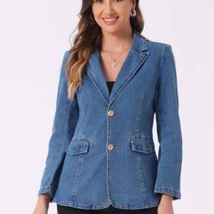 Notched Lapel Denim Single Breasted Shoulder Pad Blazer Jackets Light Blue/L - Allegra K catalog