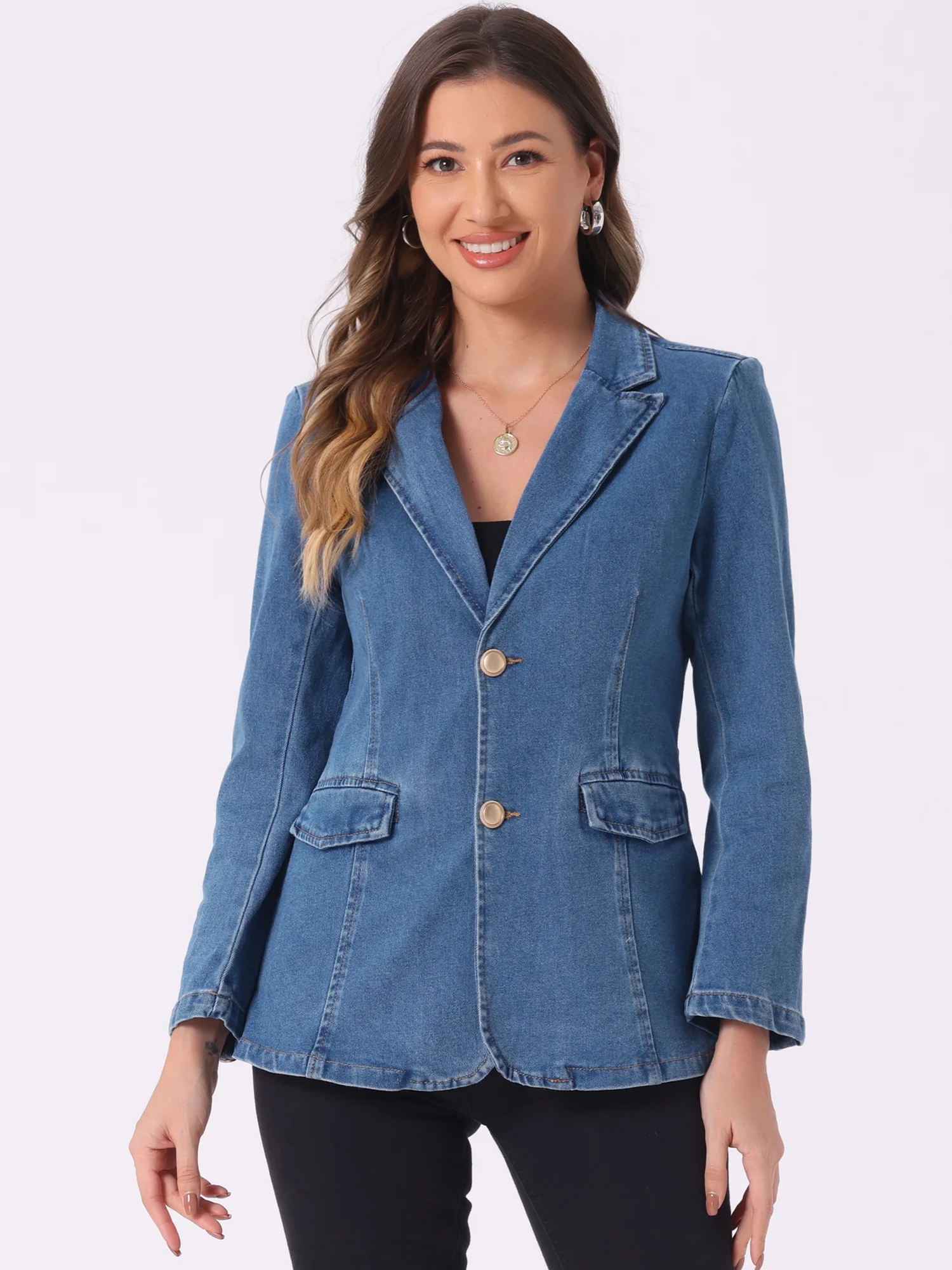 Notched Lapel Denim Single Breasted Shoulder Pad Blazer Jackets Light Blue/L - Allegra K catalog