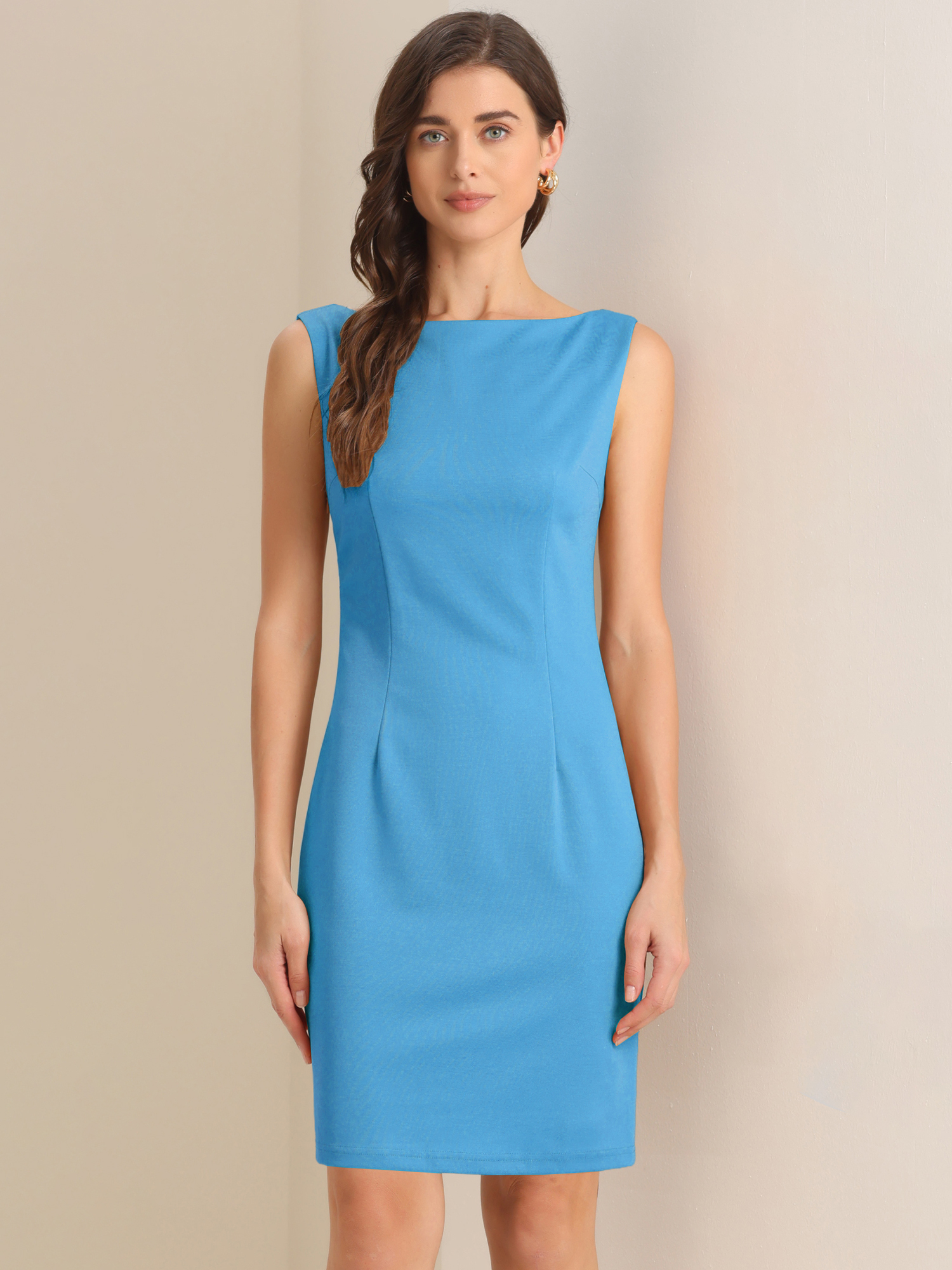 Sleeveless Boat Neck Casual Office Solid Midi Sheath Dress Sky Blue/M - Allegra K catalog