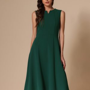 Notch Neck Pocketed Work Office A-Line Midi Dress Dark Green/L - Allegra K catalog