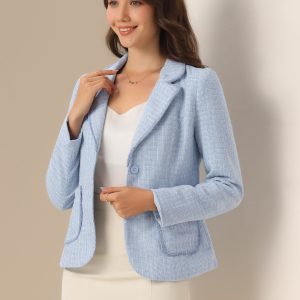 Plaid Tweed Notched Lapel Button Long Sleeve Blazer Jackets Blue/L - Allegra K catalog