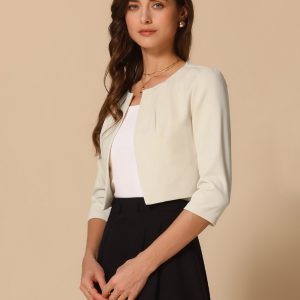 3/4 Sleeve Collarless Pleated Open Front Shrugs Apricot/L - Allegra K catalog