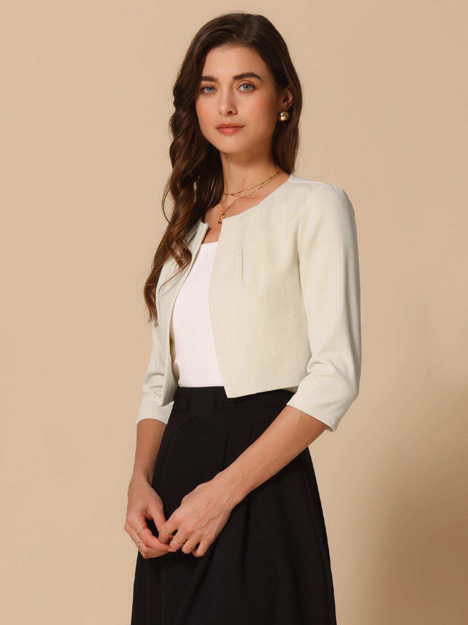 3/4 Sleeve Collarless Pleated Open Front Shrugs Apricot/L - Allegra K catalog