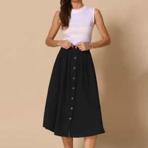 A-Line Elastic Waist Button Front Pocketed Midi Skirt Black/M - Allegra K catalog