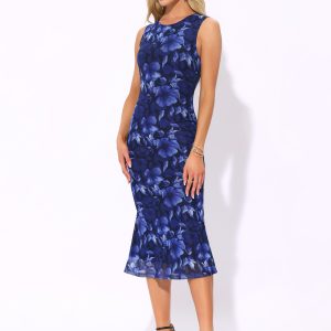 Mesh Floral Sleeveless Bodycon Cocktail Midi Dress Dark Blue/XL - Allegra K catalog