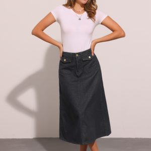 Casual High Waisted Flap Pocket A-Line Long Denim Jean Skirt Black/XL - Allegra K catalog