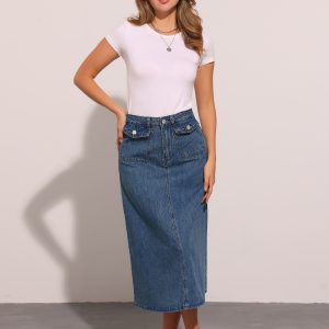 Casual High Waisted Flap Pocket A-Line Long Denim Jean Skirt Vintage Blue/L - Allegra K catalog