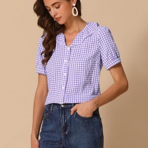 Plaid Blouse Puff Sleeve Ruffle Peter Pan Collar Shirt Top Purple/L - Allegra K catalog