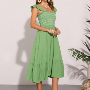 Boho Square Neck Ruffle Tiered Flowy Smocked Midi Dress Sundress Light Green/S - Allegra K catalog