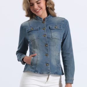 Casual Denim Classic Stand Collar Long Sleeve Jean Jacket Vintage Blue/L - Allegra K catalog