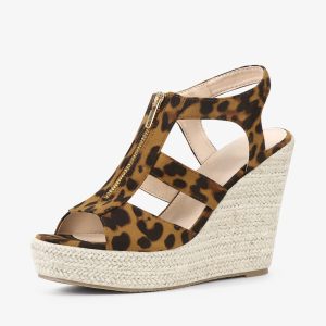 Women's Platform Heels Slingback Zipper Wedge Sandals Leopard/7 - Allegra K catalog