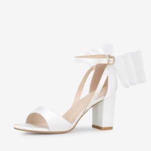 Women's Mesh Bow Ankle Strap Open Toe Chunky Heel Sandals White/7 - Allegra K catalog