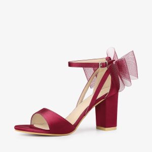 Women's Mesh Bow Ankle Strap Open Toe Chunky Heel Sandals Burgundy/8.5 - Allegra K catalog