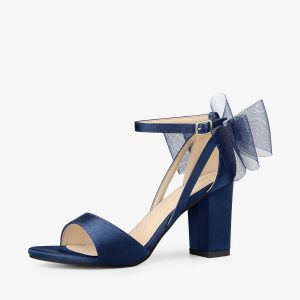 Women's Mesh Bow Ankle Strap Open Toe Chunky Heel Sandals Navy Blue/6.5 - Allegra K catalog
