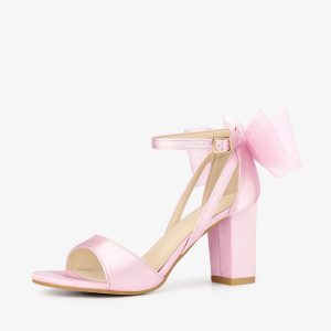 Women's Mesh Bow Ankle Strap Open Toe Chunky Heel Sandals Pink/8 - Allegra K catalog