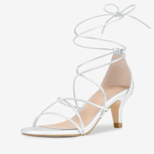 Synthetic Leather Strappy Kitten Heel Lace Up Sandals Silver/9 - Allegra K catalog