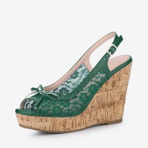 Lace Open Toe Platform Wedge Heel Bow Decor Sandals Dark Green/7 - Allegra K catalog