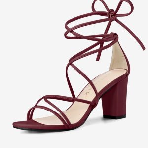 Strappy Strap Lace Up Mid Chunky Heel Sandals Burgundy/10.5 - Allegra K catalog