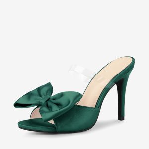 Women's Clean Strap Bow Stiletto Heels Mules Slide Sandals Dark Green/9.5 - Allegra K catalog