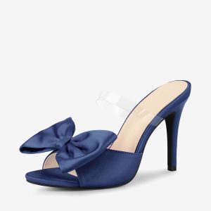 Women's Clean Strap Bow Stiletto Heels Mules Slide Sandals Navy Blue/9 - Allegra K catalog