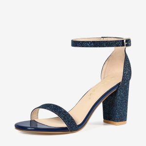 Glitter Ankle Strap Chunky Heel Sandals Navy Blue/5.5 - Allegra K catalog