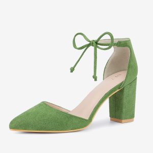 Tapered Straps Ankle Tie Point Toe Chunky Heel Pumps Olive Green/6 - Allegra K catalog