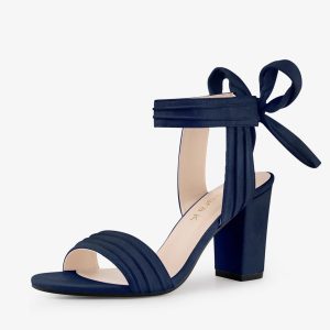 Open Toe Ankle Tie Back Faux Suede Chunky Heel Sandals Navy Blue/12 - Allegra K catalog