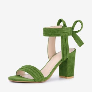 Open Toe Ankle Tie Back Faux Suede Chunky Heel Sandals Olive Green/11 - Allegra K catalog