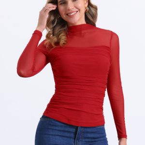 Mesh Solid Long Sleeve Mock Neck Sheer Panel Side Shirring Top Reds/S - Allegra K catalog