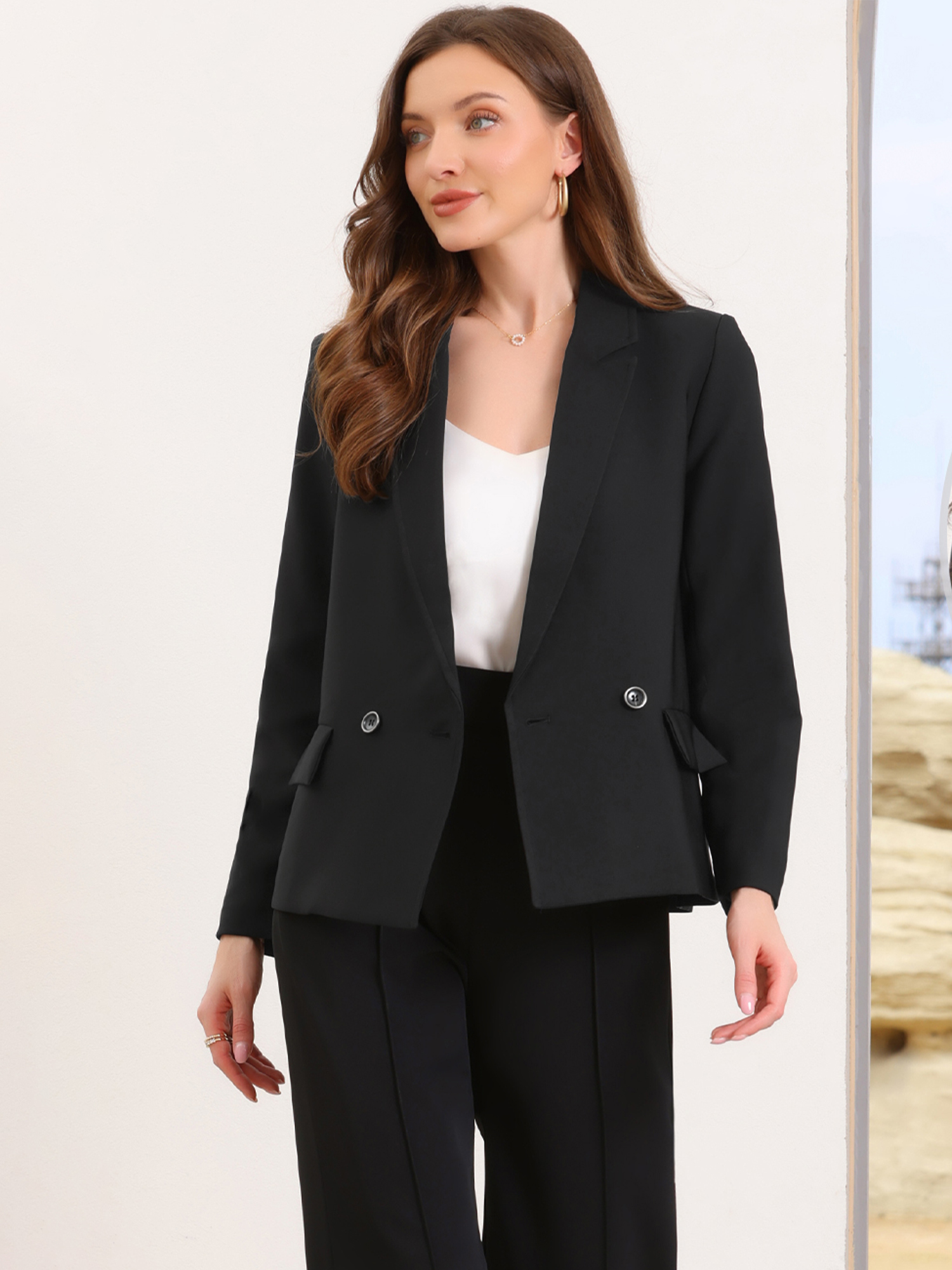 Double Breasted Notched Lapel Long Sleeve Work Office Blazer Black/XL - Allegra K catalog