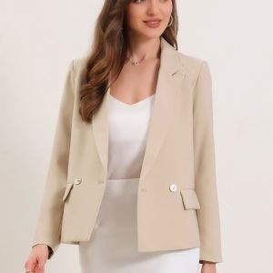 Double Breasted Notched Lapel Long Sleeve Work Office Blazer Beige/S - Allegra K catalog