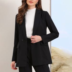 Long Sleeve Collared Business Casual Belted Work Blazer Black/M - Allegra K catalog