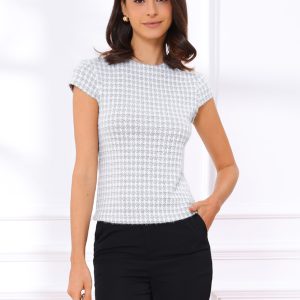 Houndstooth Crew Neck Strenchy Work Office Cap Sleeve Top White/M - Allegra K catalog