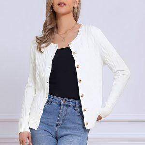 Crew Neck Button Down Long Sleeve Casual Knit Sweater Cardigan White/XL - Allegra K catalog