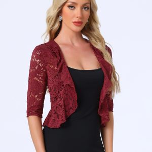 Lace Sheer 3/4 Sleeve Ruffle Hem Open Front Bolero Shrug Burgundy/S - Allegra K catalog