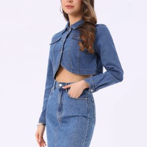 Collared Button Down Long Sleeve Denim Crop Jean Jacket Blue/XS - Allegra K catalog