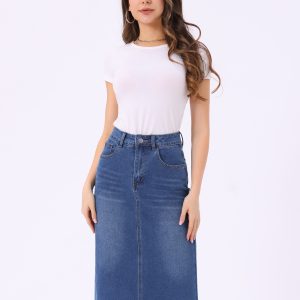 Casual Denim High Waist Stretchy Midi Pencil Jean Skirt Sky Blue/L - Allegra K catalog