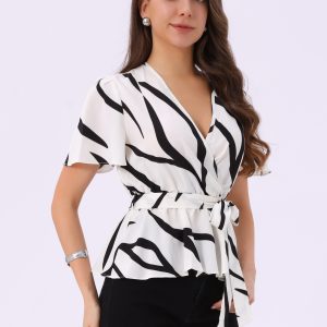Printed V Neck Elastic Waist Belt Ruffle Peplum Blouse White/XL - Allegra K catalog
