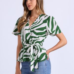 Printed V Neck Elastic Waist Belt Ruffle Peplum Blouse Green White/L - Allegra K catalog