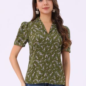 Short Sleeve Casual Cherry Print Notched Lapel Collar Shirt Blouse Olive Green/M - Allegra K catalog