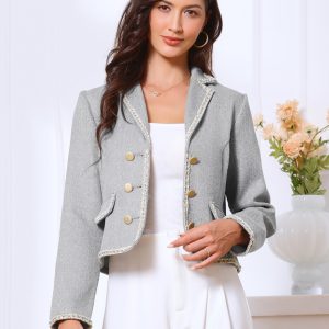 Notched Lapel Long Sleeve Dressy Casual Tweed Jacket Gray/L - Allegra K catalog