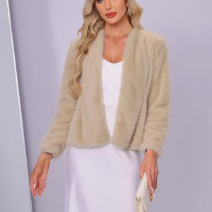 Faux Fur Long Sleeve Open Front Wedding Fluffy Coat Champagne Gold/XS - Allegra K catalog