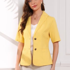 Cotton Linen Office Business Short Sleeve Notched Lapel Blazer Jacket Yellow/M - Allegra K catalog