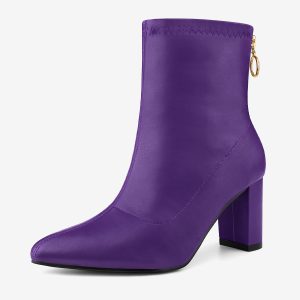 Pointy Toe Back Zip Block Heel Ankle Boots Purple/6 - Allegra K catalog