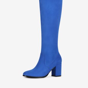 Faux Suede Side Zipper Chunky Heel Knee High Boots Royal Blue/6 - Allegra K catalog