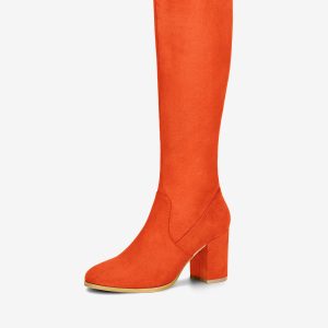 Side Zipper Faux Suede Chunky Heel Knee High Boots Orange/10 - Allegra K catalog