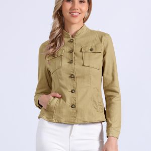 Casual Denim Classic Stand Collar Long Sleeve Jean Jacket Khaki/S - Allegra K catalog